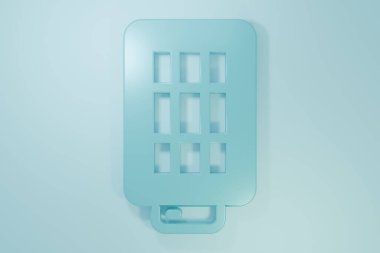 Mavi arkaplanda, yumuşak kutu simgesindeki Mavi Stüdyo ampulü izole edildi. Gölge yansıma tasarımı. Minimalizm kavramı. 3 Boyutlu resimleme.