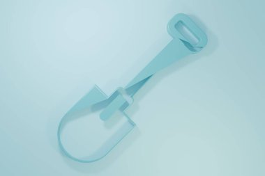 Mavi Kürek simgesi mavi arkaplanda izole edildi. Bahçe aletleri. Bahçecilik, tarım, çiftçilik aleti. Minimalizm kavramı. 3 Boyutlu resimleme.
