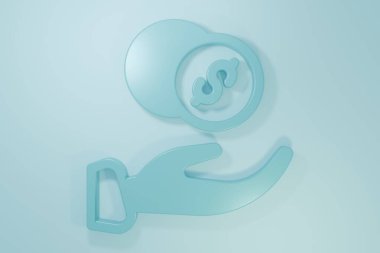 Mavi arka planda para ikonu olan Mavi Bağış Eli. Bağış sembolü olarak el ile para verin. Para ve bağış konsepti. Minimalizm kavramı. 3 Boyutlu resimleme.