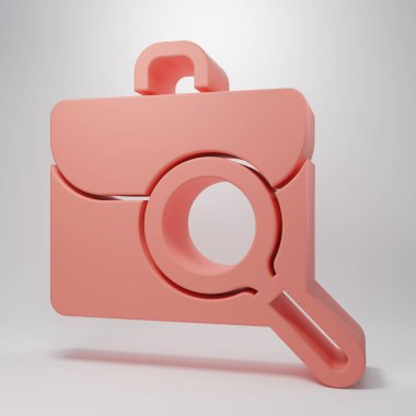 Pink Magnifying glass with briefcase icon isolated on pink background. Job hunting. Work search concept. Unemployment, head hunting, career. Minimalism concept. 3D render illustration.