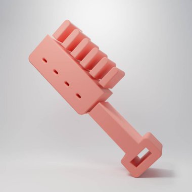 Pembe sauna fırçası ikonu pembe arka planda izole edilmiş. Banyoda yıkanmak için kaba kıllı ahşap bir fırça. Selülit önleyici masaj. Minimalizm kavramı. 3 Boyutlu resimleme.