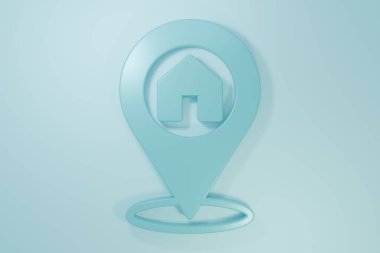 Mavi arka planda ev simgesi olan mavi harita işaretçisi. Ev konumu belirleyici sembol. Minimalizm kavramı. 3 Boyutlu resimleme.
