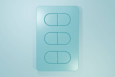 Mavi arka planda mavi haplar izole edilmiş. İlaç paketi. Tablet, vitamin, antibiyotik, aspirin. Minimalizm kavramı. 3 Boyutlu resimleme.