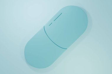 Mavi İlaç hapı ya da mavi arka planda izole edilmiş tablet ikonu. Kapsül hapı ve uyuşturucu işareti. Eczane tasarımı. Minimalizm kavramı. 3 Boyutlu resimleme.