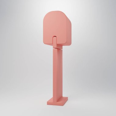 Pembe kürek simgesi pembe arkaplanda izole edilmiş. Bahçe aletleri. Bahçecilik, tarım, çiftçilik aleti. Minimalizm kavramı. 3 Boyutlu resimleme.