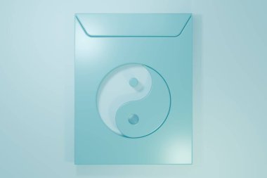 Mavi Yin Yang ve mavi arkaplanda izole edilmiş zarf simgesi. Uyum ve dengenin sembolü. Minimalizm kavramı. 3 Boyutlu resimleme.