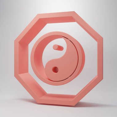 Pembe Yin Yang armoni sembolü ve pembe arkaplanda izole edilmiş denge simgesi. Minimalizm kavramı. 3 Boyutlu resimleme.