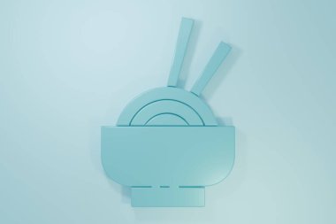 Mavi arkaplanda mavi Asya eriştesi ve yemek çubuğu ikonu var. Sokak yemeği. Kore, Japon, Çin yemekleri. Minimalizm kavramı. 3 Boyutlu resimleme.