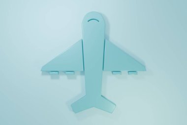 Mavi düzlem simgesi mavi arkaplanda izole edildi. Uçan uçak ikonu. Uçak tabelası. Minimalizm kavramı. 3 Boyutlu resimleme.