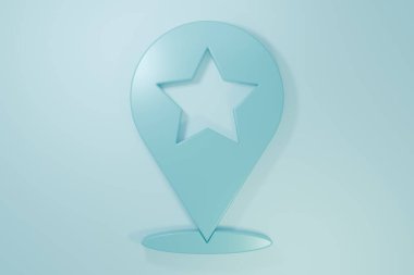 Blue Map pointer with star icon isolated on blue background. Star favorite pin map icon. Map markers. Minimalism concept. 3D render illustration.