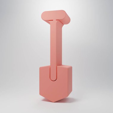 Pembe kürek simgesi pembe arkaplanda izole edilmiş. Bahçe aletleri. Bahçecilik, tarım, çiftçilik aleti. Minimalizm kavramı. 3 Boyutlu resimleme.