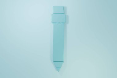 Mavi arka planda silgi simgesine sahip mavi kalem. Çizim ve eğitim araçları. Okul sembolü. Minimalizm kavramı. 3 Boyutlu resimleme.