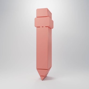 Pembe arka planda silgi simgesi olan pembe kalem. Çizim ve eğitim araçları. Okul sembolü. Minimalizm kavramı. 3 Boyutlu resimleme.