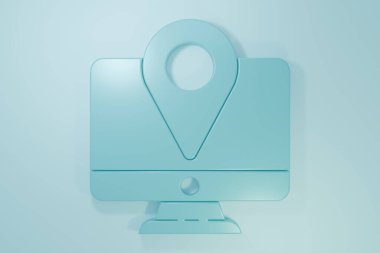 Mavi Bilgisayar monitörü ve katlanmış harita mavi arkaplanda izole edilmiş konum imleci simgesi. Minimalizm kavramı. 3 Boyutlu resimleme.
