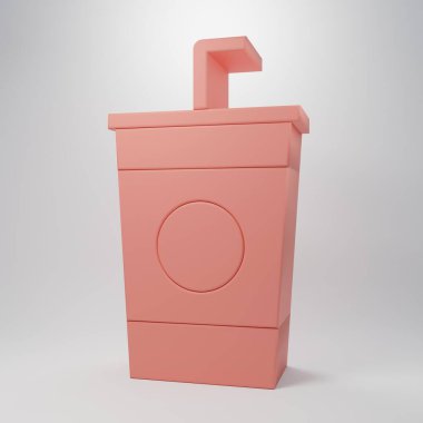 Pembe kağıt bardak ve pembe arka planda izole edilmiş pipet ve su ikonu. Soda bardağı. Taze soğuk içecek sembolü. Minimalizm kavramı. 3 Boyutlu resimleme.