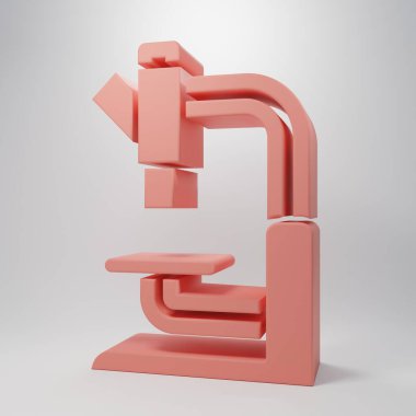 Pembe mikroskop simgesi pembe arka planda izole edilmiş. Kimya, ilaç aleti, mikrobiyoloji büyütme aracı. Minimalizm kavramı. 3 Boyutlu resimleme.