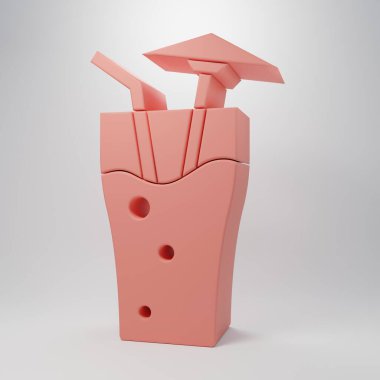 Pembe Kokteyl ve alkollü içecek. Pembe arka planda şemsiye simgesi var. Minimalizm kavramı. 3 Boyutlu resimleme.