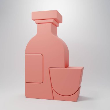 Pembe Alkol, rom şişesi ve pembe arka planda izole edilmiş cam ikon. Minimalizm kavramı. 3 Boyutlu resimleme.