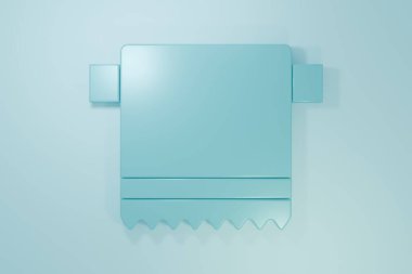 Mavi arka planda askı simgesinde mavi havlu var. Banyo havlusu ikonu. Minimalizm kavramı. 3 Boyutlu resimleme.