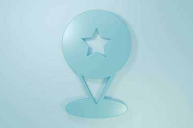 Blue Map pointer with star icon isolated on blue background. Star favorite pin map icon. Map markers. Minimalism concept. 3D render illustration .