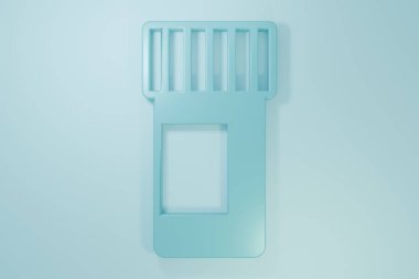 Mavi ilaç şişesi ve mavi arka planda izole edilmiş hap ikonu. Şişe hapı işareti. Eczane tasarımı. Minimalizm kavramı. 3 Boyutlu resimleme.