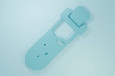 Mavi arka planda iksir ikonu olan mavi şişe. Sihirli iksirli matara. Mutlu Cadılar Bayramı Partisi. Minimalizm kavramı. 3 Boyutlu resimleme.