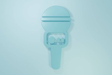 Mavi Mikrofon simgesi mavi arkaplanda izole edildi. Radyodaki mikrofondan. Sözcü işareti. Minimalizm kavramı. 3 Boyutlu resimleme.