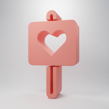 Pembe arka planda kalp ikonu olan pembe harita işaretçisi. Sevgililer Günü. Aşk yeri. Romantik harita iğnesi. Minimalizm kavramı. 3 Boyutlu resimleme.