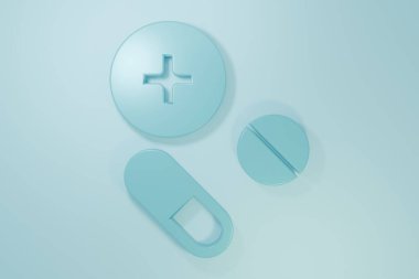 Mavi İlaç hapı ya da mavi arka planda izole edilmiş tablet ikonu. Kapsül hapı ve uyuşturucu işareti. Eczane tasarımı. Minimalizm kavramı. 3 Boyutlu resimleme.