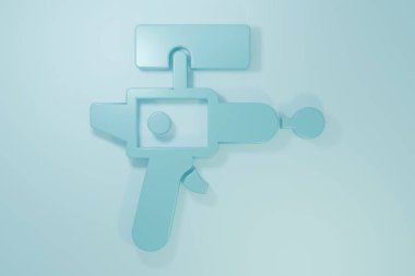 Blue Ray gun icon isolated on blue background. Laser weapon. Space blaster. Minimalism concept. 3D render illustration.