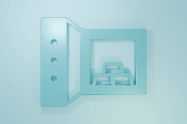 Blue Safe with gold bars icon isolated on blue background. Precious metals on deposit in bank. Metallic treasury. Reliable data protection. Minimalism concept. 3D render illustration.