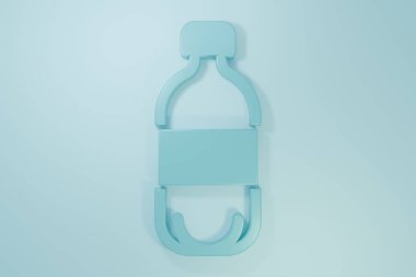 Mavi arka planda izole edilmiş mavi bir su ikonu şişesi. Soda su içme tabelası. Minimalizm kavramı. 3 Boyutlu resimleme.