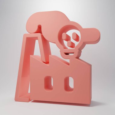 Pink Smoke from factory icon isolated on pink background. Environmental pollution problem, smoke pipes of factory, ecology industrial harm. Minimalism concept. 3D render illustration.