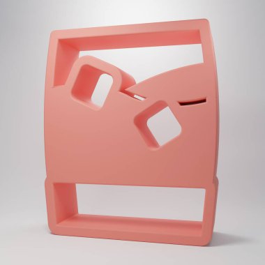 Pembe arkaplanda buz küpleri simgesi olan pembe bir bardak viski. Minimalizm kavramı. 3 Boyutlu resimleme.
