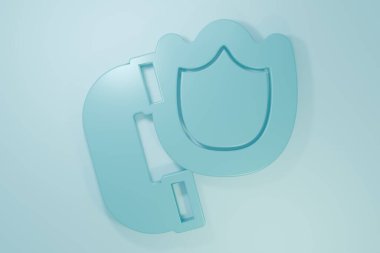 Blue Telephone handset with security shield icon isolated on blue background. Phone sign. Minimalism concept. 3D render illustration.