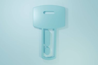Mavi arka planda izole edilmiş uzaktan kumandalı mavi araba anahtarı. Araba anahtarı ve alarm sistemi. Minimalizm kavramı. 3 Boyutlu resimleme.