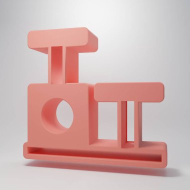 Pembe Kedi, pembe arka planda izole edilmiş oyuncak ikonu ile kazıma direği. Minimalizm kavramı. 3 Boyutlu resimleme.
