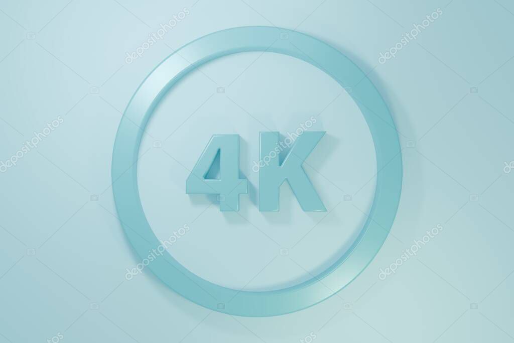 Blue 4k Ultra HD icon isolated on blue background. Minimalism concept. 3D render illustration.