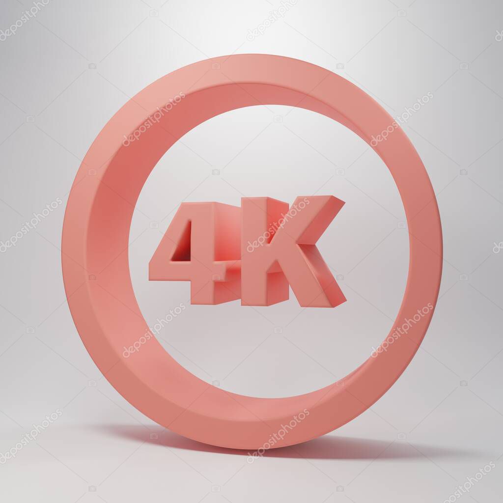Pink 4k Ultra HD icon isolated on pink background. Minimalism concept. 3D render illustration.