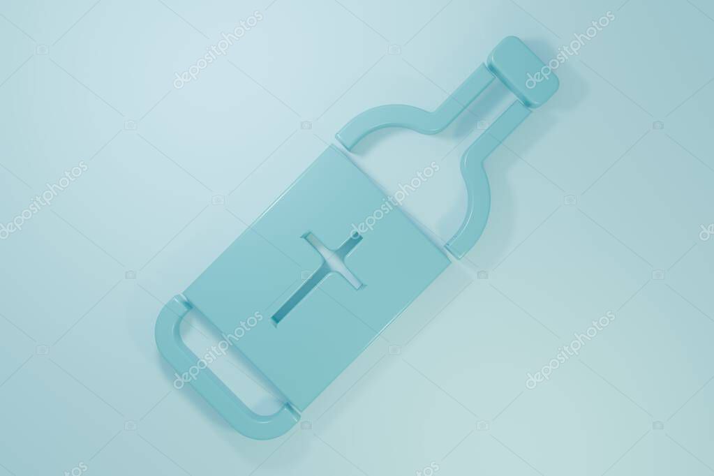 Blue Holy water bottle icon isolated on blue background. Glass flask with magic liquid. Minimalism concept. 3D render illustration.
