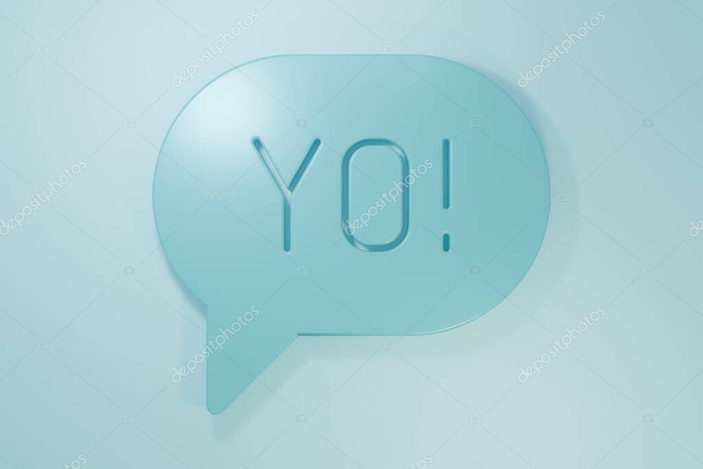 Blue Yo slang lettering icon isolated on blue background. Greeting words. Minimalism concept. 3D render illustration.