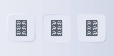 Gri arka planda gri renkli gri haplar var. İlaç paketi. Tablet, vitamin, antibiyotik, aspirin. Kare düğmelere simgeleri yerleştir. Vektör.