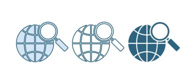 Beyaz arka planda izole edilmiş küresel simgesi olan mavi büyüteç. Dünyayı analiz ediyorum. Küresel arama işareti. Vektör.