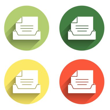 Uzun gölge arkaplan ile izole edilmiş belge simgesi ile Çekmeceyi ayarla. Arşiv çekmecesi. Dosya dolabı çekmecesi. Ofis mobilyası. Renkli daire düğmesi. Vektör.