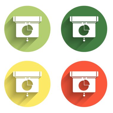 Grafik, zamanlama, grafik, diyagram, bilgi grafiği, turta grafik simgesi ile izole edilmiş uzun gölge arkaplanı ile sunum finans yönetim kurulunu ayarlayın. Renkli daire düğmesi. Vektör.