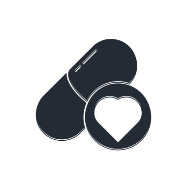 İktidar için siyah haplar, beyaz arka planda izole edilmiş afrodizyak ikonu. Erkekler ve kadınlar için seks hapları. Vektör.