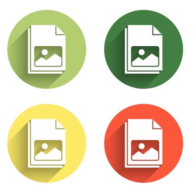 Resim manzara simgesini uzun gölge arkaplanı ile izole et. Renkli daire düğmesi. Vektör.