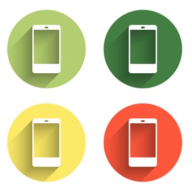 Akıllı Telefon ve cep telefonu simgesini uzun gölge arkaplanı ile izole et. Renkli daire düğmesi. Vektör.