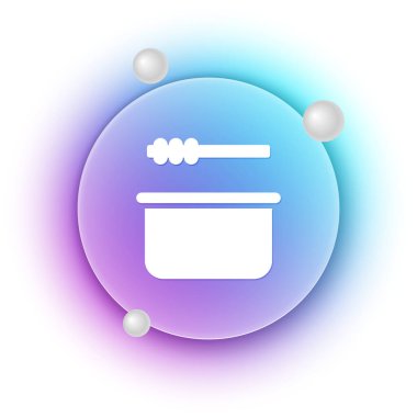 Beyaz arka planda beyaz sauna kovası ve kepçe simgesi var. Mavi ve mor eğimli çember arkaplan. Vektör.