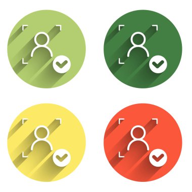 Yüz tanıma simgesini uzun gölge arkaplanı ile izole edilmiş olarak ayarla. Yüz tanımlama simgesi. Yüz tanıma. Siber güvenlik kavramı. Renkli daire düğmesi. Vektör.